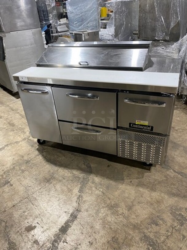 NICE! Continental Commercial Refrigerated Sandwich Prep Table! With Commercial Cutting Board! With 2 Door And 2 Drawer Underneath Storage Space! Poly Coated Racks! All Stainless Steel! On Casters! Model: RA60N12 SN: 16169412 115V 60HZ 1 Phase
