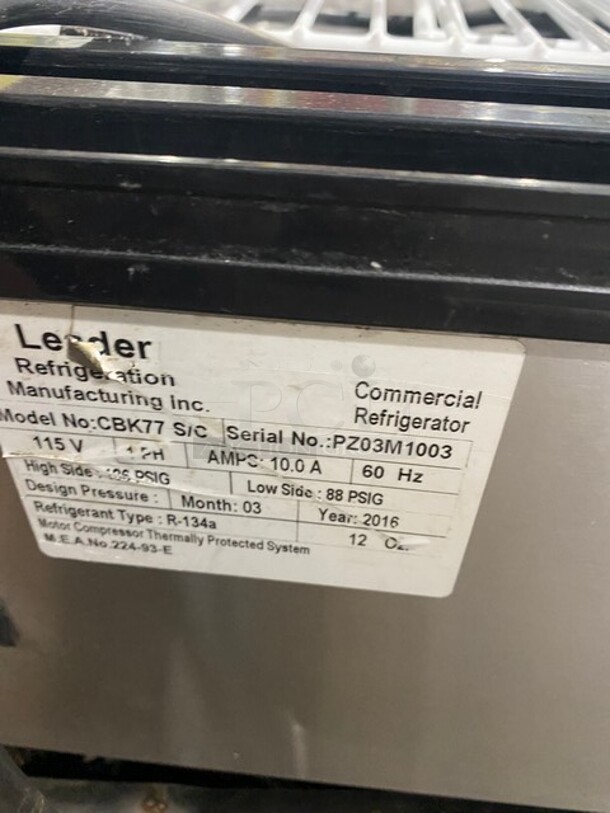 COOL! Leader Commercial Refrigerated Bakery Display Case Merchandiser! With Straight Front Glass! With Sliding Rear Access Doors! With Poly Coated Racks! Stainless Steel Body! Model: CBK77 SN: PZ03M1003 115V 60HZ 1 Phase - Image 6 of 7