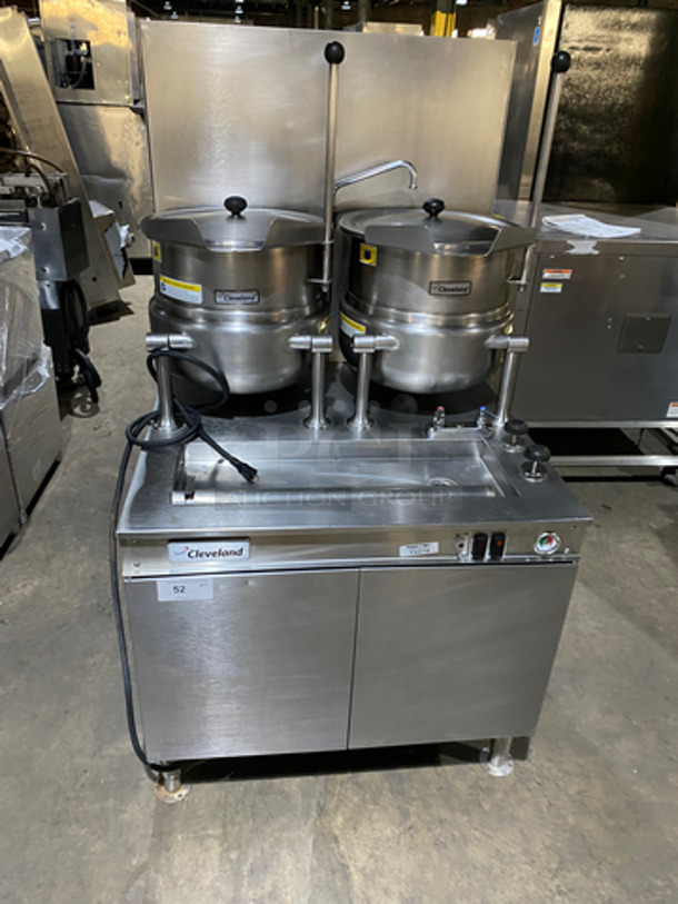 WOW! Cleveland Natural Gas Powered Commercial Double Tilted Kettle Cabinet Assembly! With 2 10 Gallon Kettles! All Stainless Steel! On Legs! Model: 36GMK1010200 SN: 1411230000835 115V 60HZ 1 Phase