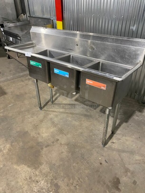 Commercial 3 Compartment Dish Washing Sink! With Single Side Drain Board! With Back Splash! All Stainless Steel! On Legs! - Image 9 of 9