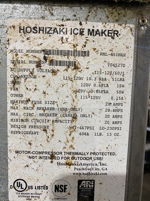 Hoshizaki Commercial Ice Maker Machine! With Commercial Ice Bin! All Stainless Steel! On Legs! 2x Your Bid Makes One Unit! Model: KML451MAH SN: T04527D 115/120V 60HZ 1 Phase - Image 6 of 8