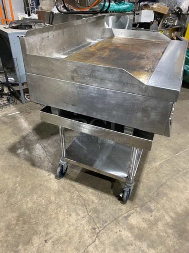 Garland Commercial Countertop Gas Powered Flat Griddle! With Back And Side Splashes! On Equipment Stand! With Storage Space Underneath! All Stainless Steel! On Casters! - Image 3 of 8