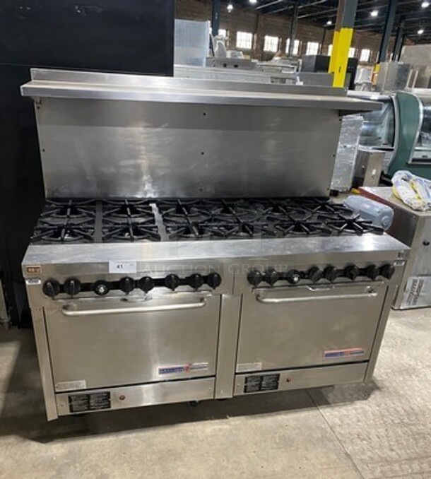Southbend Commercial Natural Gas Powered 12 Burner Stove! With Raised Back Splash And Salamander Shelf! With 2 Full Size Oven Underneath! All Stainless Steel! On Casters! WORKING WHEN REMOVED!