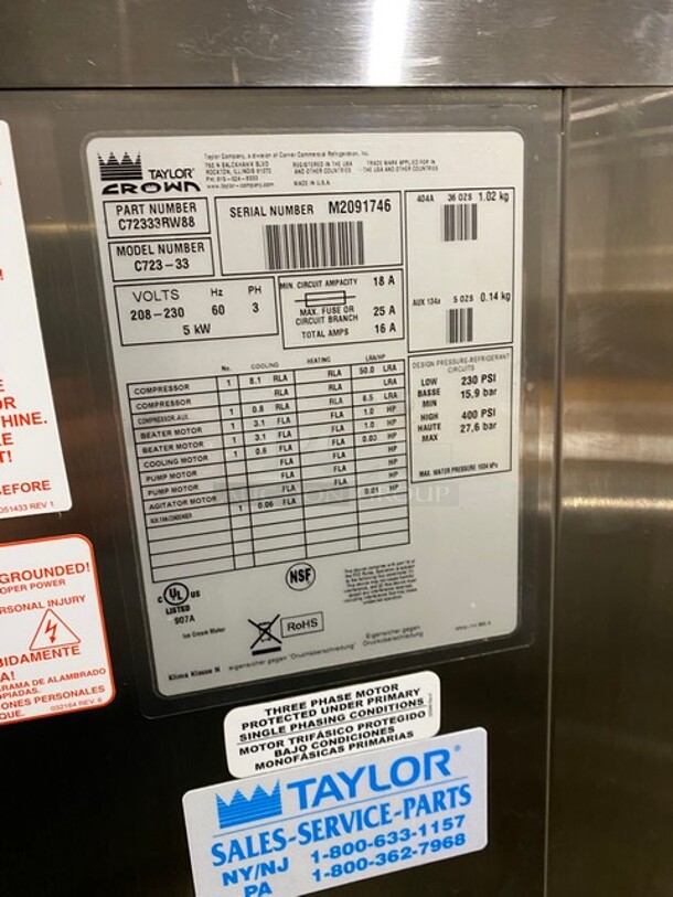 WEET! Taylor Crown Commercial 3 Handle Ice Cream Machine! All Stainless Steel! On Casters! Model: C72333 SN: M2091746! 208/230V 60HZ 3 Phase! - Image 5 of 9