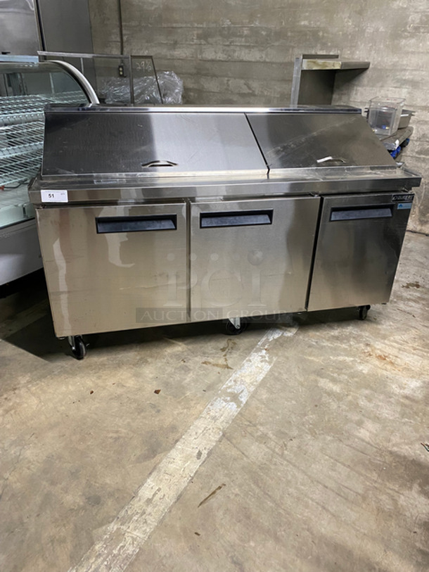 SCRATCH AND DENT! Dukers Commercial Refrigerated Sandwich Prep Table! With 3 Door Storage Space Underneath! Poly Coated Racks! All Stainless Steel! On Casters! Powers On, Doesn't Go Down To Temp! Model: DSP72 115V 60HZ 1 Phase