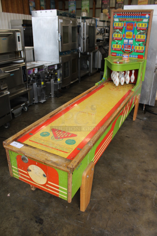 VINTAGE 1956 United Mfg Wooden Floor Style Bowling Shuffle Alley Arcade Game. 27x109x71. Tested and Lights Power On