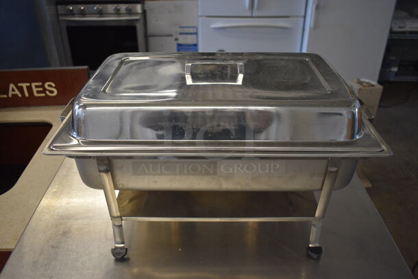 2 Metal Chafing Dish Frames; 1 w/ Drop In and Lid and 1 w/ Lid. 13x22x9. 2 Times Your Bid!