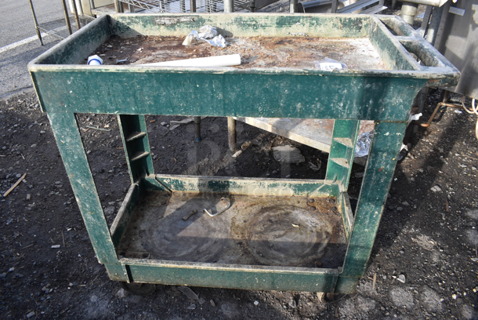 Green Poly 2 Tier Cart w/ Push Handle on Commercial Casters. 17.5x34x32.5