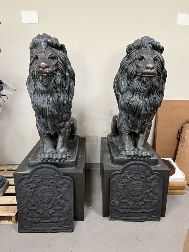 2 MAGNIFICENT Bronze Lion Statues w/ Cast Iron Glyphs Signed by A. Barye 1832. 2 Times Your Bid! - Image 1 of 7
