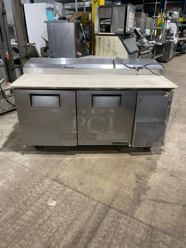 True Commercial Refrigerated Pizza Prep Table! With 2 Door Storage Space Underneath! With Commercial Cutting Board! All Stainless Steel! On Casters! Model: TPP67 SN: 13881450! 115V 1PH! WORKING WHEN REMOVED! - Image 11 of 11