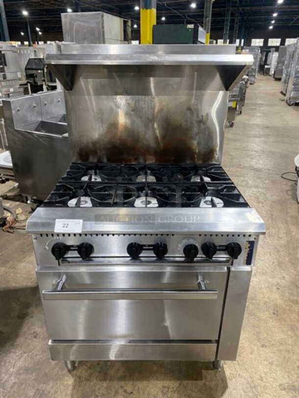 LATE MODEL! 2021 Rocket Commercial Natural Gas Powered 6 Burner Stove! With Raised Back Splash And Salamander Shelf! With Oven Underneath! All Stainless Steel! On Legs! Model: RCPRO36GST SN: 2572612109280373
