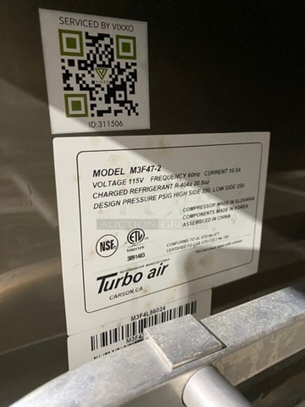 Turbo Air Commercial 2 Door Reach In Freezer! With Pan Racks! Solid Stainless Steel! On Casters! Model: M3F472 SN: M3F4L86024 115V - Image 8 of 10