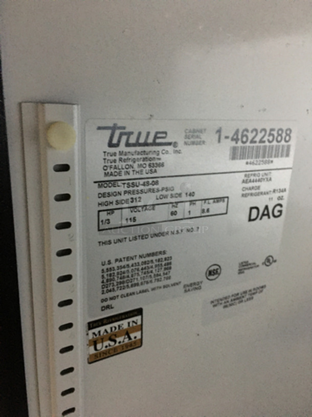 NICE! True Commercial Refrigerated Sandwich Prep Table! With Cutting Board! With 2 Door Underneath Storage Space! All Stainless Steel! On Casters! Model: TSSU4808 SN: 14622588 115V 60Hz 1 Phase - Image 7 of 9