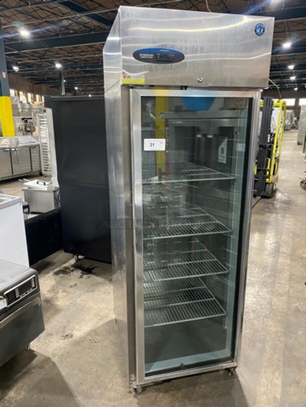 Hoshizaki Commercial Single Door Reach In Cooler! With View Through Door! Poly Coated Racks! Stainless Steel Body! On Casters! Model: CR1SFGECL SN: H50323G 115V 60HZ 1 Phase