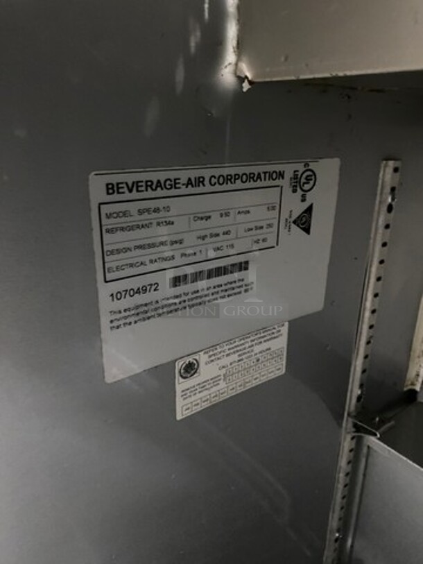 Beverage Air Commercial Refrigerated Sandwich Prep Table! With Commercial Cutting Board! With 2 Door Storage Space Underneath! All Stainless Steel! On Casters! Model: SPE4810 SN: 10704972 115V 1 Phase - Image 9 of 12