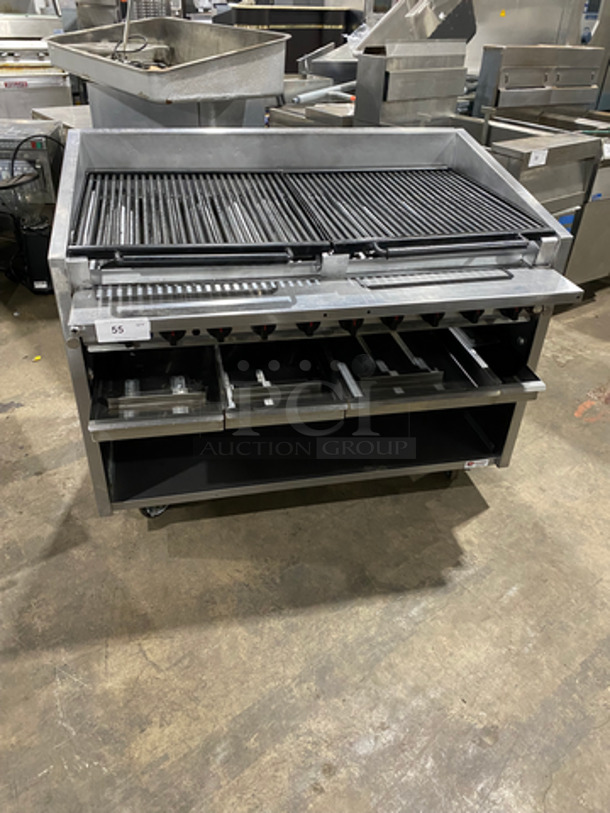Magi Kitch'n Commercial Natural Gas Powered Char Broiler Grill! With Underneath Storage Space! With Back & Side Splashes! All Stainless Steel! On Casters! Model: FM648 SN: G11JD041755