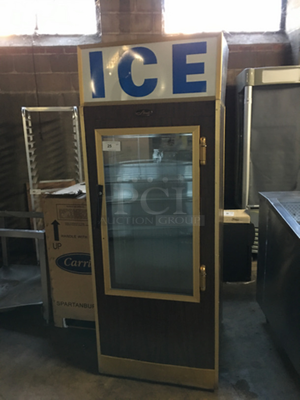 Commercial Single Door Indoor Bagged Ice Merchandiser! Wooden Pattern! With View Through Door!