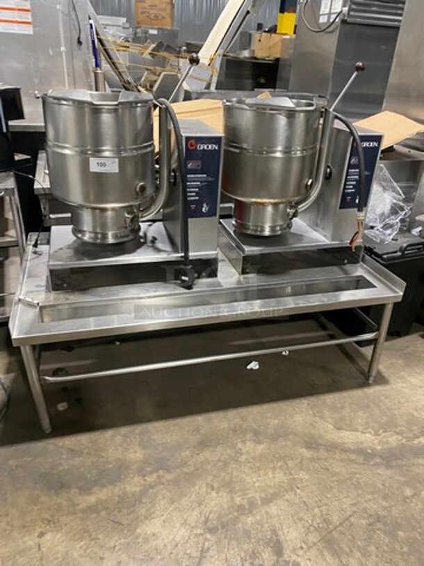 GREAT! Groen Commercial Electric Powered Tilting Soup Kettle! On Equipment Stand! All Stainless Steel! On Legs! Model: TDB40 SN: 86389 & SN: 86387 208V 60HZ 3 Phase