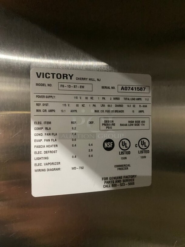 Victory Commercial Single Door Reach In Freezer! All Stainless Steel! On Legs! MODEL FS1DS7EW SN: A0741587 115V 1PH - Image 7 of 9