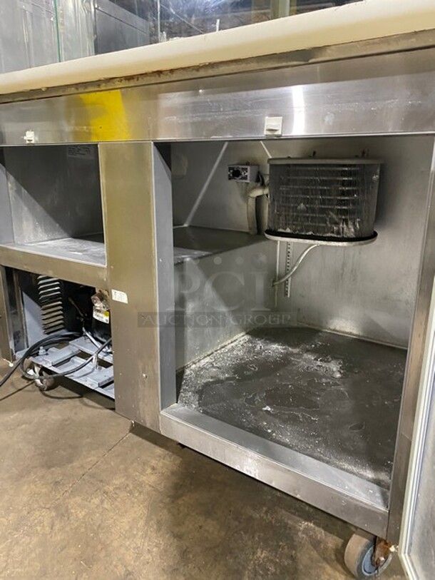 Leader Commercial Refrigerated Sandwich Prep Table! With Commercial Cutting Board! With Sneeze Guard! With 2 Door Storage Space Underneath! All Stainless Steel! On Casters! Model: LM48 SN: PW11M2201B! 115V 60HZ 1 Phase! - Image 6 of 8