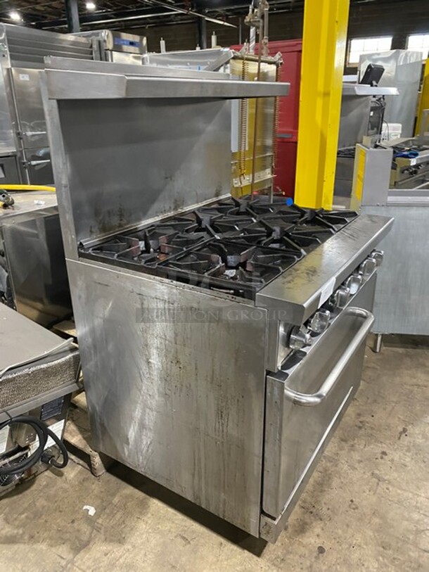 Stainless Steel Commercial Gas Powered 6 Burner Range w/ Oven, Over Shelf and Back Splash on Commercial Casters! - Image 2 of 9