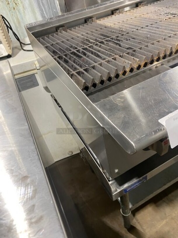 LATE MODEL! 2021 Spectrum Commercial Natural Gas Powered Char Broiler Grill! With Back And Side Splashes! On Small Legs! On Equipment Stand! With Storage Space Underneath! All Stainless Steel! On Legs! Model: NGCB36R SN: NGCB365040001116 - Image 2 of 10