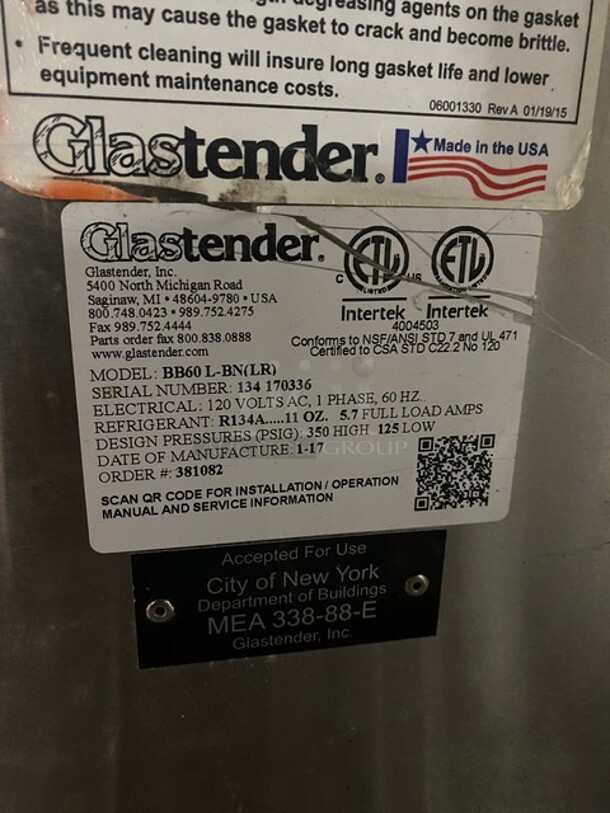 Glastender Metal Commercial 2 Door Back Bar Cooler! MODEL BB60L-BN(LR) SN: 134170336 120V 1PH - Image 6 of 9