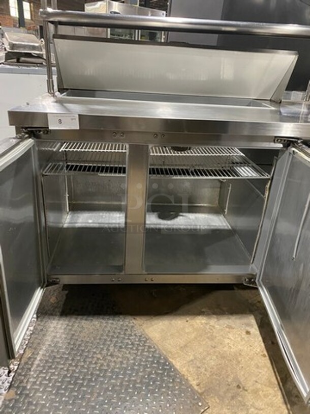 Nice! Continental Refrigerated Bain Marie/Sandwich Prep Table! With 3 Door Undder Storage! With Double Overhead Shelves! Model CRA60-12 Serial 157A5975! 115V 1 Phase! On Casters!  - Image 5 of 10