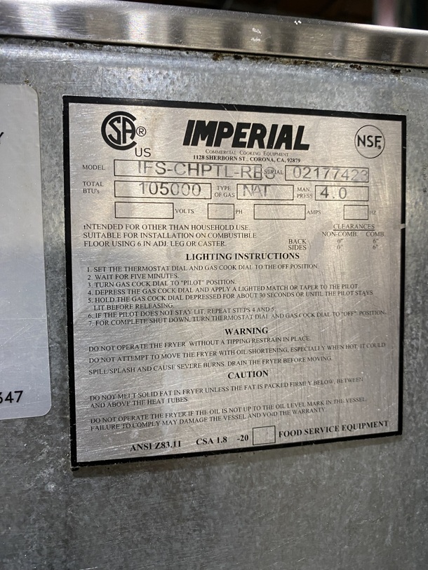 IMPERIAL Stainless Steel Deep Fryer!  On Legs! Natural Gas! Model IFS-CHPTL-RES Serial 02177423  - Image 7 of 8