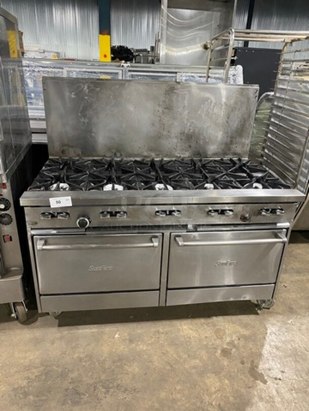 Sunfire Commercial Natural Gas Powered 10 Burner Stove! With Raised Back Splash! With 2 Full Size Oven Underneath! All Stainless Steel! On Casters!
