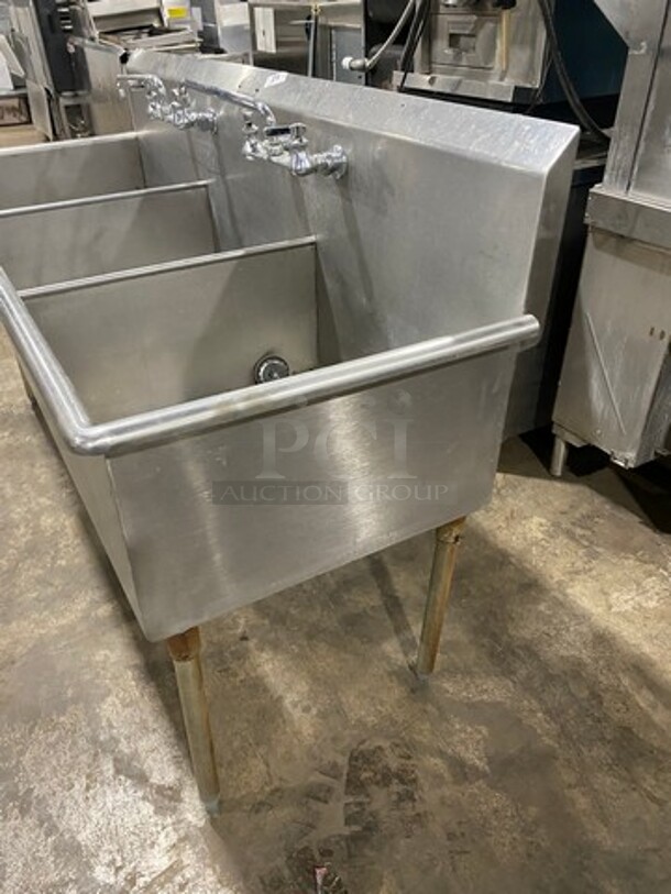 Commercial 3 Compartment Dish Washing Sink! With Faucets And Handles! With Back Splash! All Stainless Steel! On Legs! - Image 2 of 9
