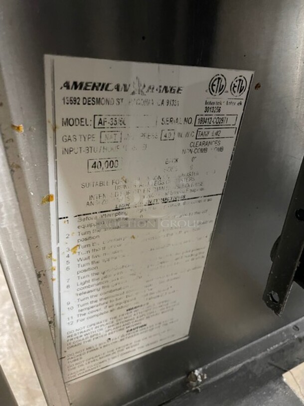 American Range Commercial Natural Gas Powered Deep Fat Fryer! All Stainless Steel! With Frying Baskets! On Legs! Model: AF-35/50 SN: 180412-CO2971! - Image 7 of 8