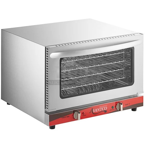 BRAND NEW SCRATCH AND DENT! Avantco 177CO16 Stainless Steel Commercial Countertop Electric Powered Half Size Convection Oven. 120 Volts, 1 Phase. Tested and Working!