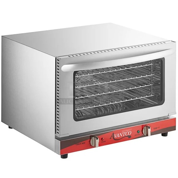 BRAND NEW SCRATCH AND DENT! Avantco 177CO16 Stainless Steel Commercial Countertop Electric Powered Half Size Convection Oven. 120 Volts, 1 Phase. Tested and Working! - Image 1 of 5