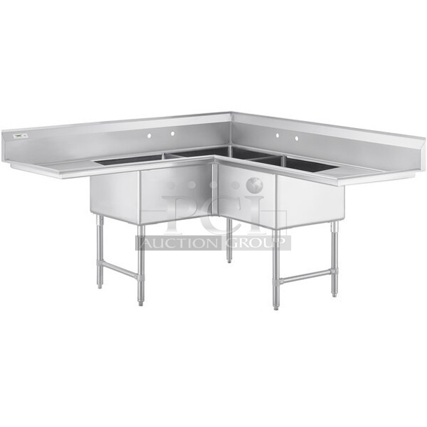 BRAND NEW SCRATCH AND DENT! Regency 600S3242424C Stainless Steel Commercial 3 Bay L Shaped Sink w/ Dual Drain Board. No Legs. Bays 24x24. Drain Boards 22x26 - Item #1103378