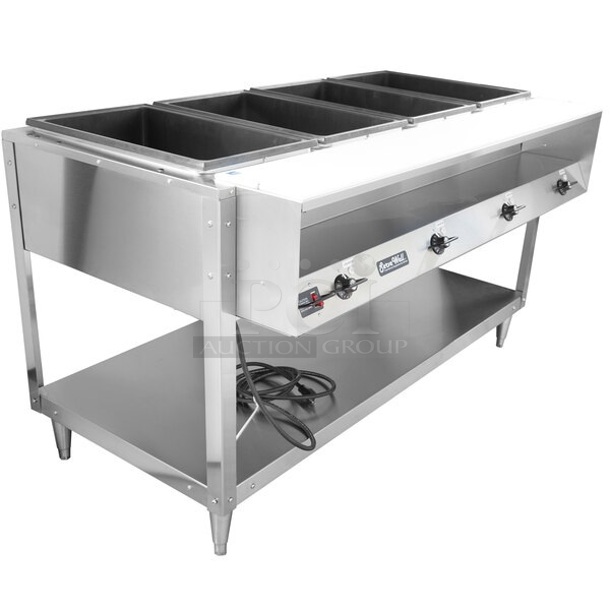 BRAND NEW SCRATCH AND DENT! Vollrath 38118 Commercial Stainless Steel ServeWell Electric Powered 4 Well Steam Table. 208-240 Volts. 
