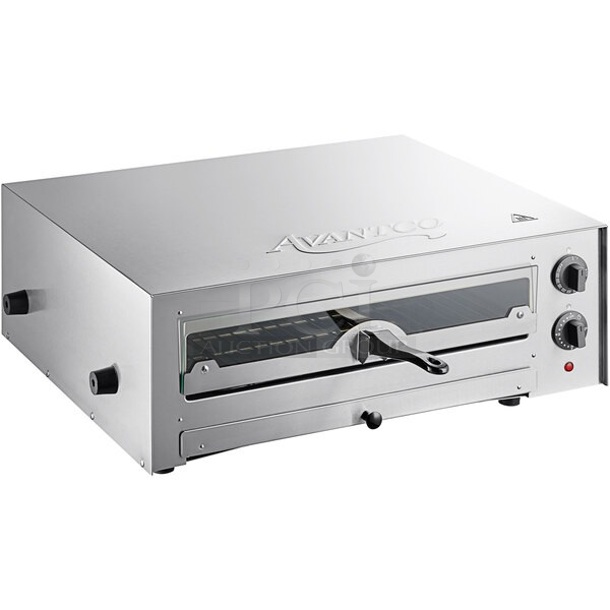 BRAND NEW SCRATCH AND DENT! Avantco CPO16TSGL Stainless Steel Countertop Pizza / Snack Oven with Adjustable Thermostatic Control and Glass Door . 120 Volts, 1 Phase. - Item #1113850