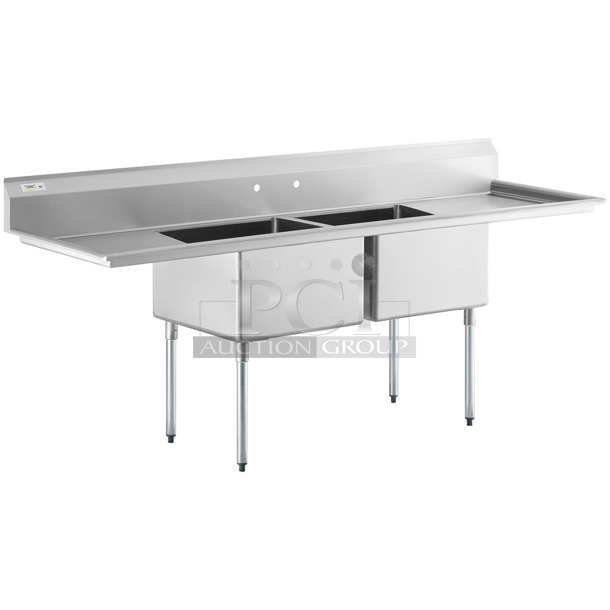 BRAND NEW SCRATCH AND DENT! Regency 600S22424224 98" 16 Gauge Stainless Steel Two Compartment Commercial Sink with Galvanized Steel Legs and 2 Drainboards - 24" x 24" x 14" Bowls.  - Image 1 of 9