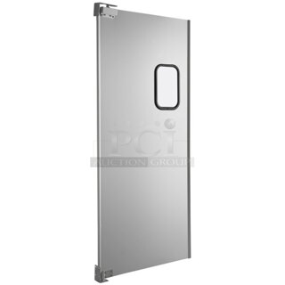 BRAND NEW SCRATCH AND DENT! Curtron SPD20AL Service-Pro Series 20 Single Aluminum Swinging Traffic Door with 9" x 14" Window - 36" x 84" Door Opening. May Be Missing Pieces.