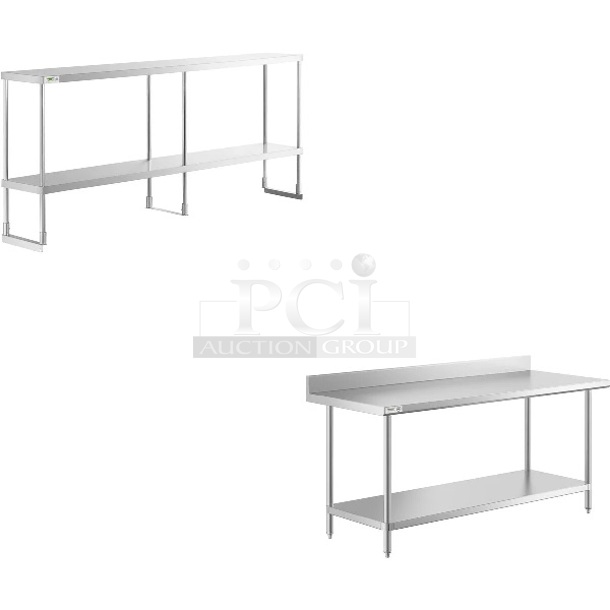 2 BRAND NEW SCRATCH AND DENT! Items Including Regency 600DOS1284 Stainless Steel Double Deck Overshelf - 12" x 84" x 32", Regency 600TSB3072S 30" x 72" 16-Gauge Stainless Steel Commercial Work Table with 4" Backsplash and Undershelf. 2 Times Your Bid! May Be Missing Pieces.  - Image 1 of 3