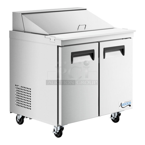 BRAND NEW SCRATCH AND DENT! 2023 Avantco 178APT36HC Stainless Steel Commercial Sandwich Salad Prep Table Bain Marie Mega Top on Commercial Casters. 115 Volts, 1 Phase. Tested and Working!
