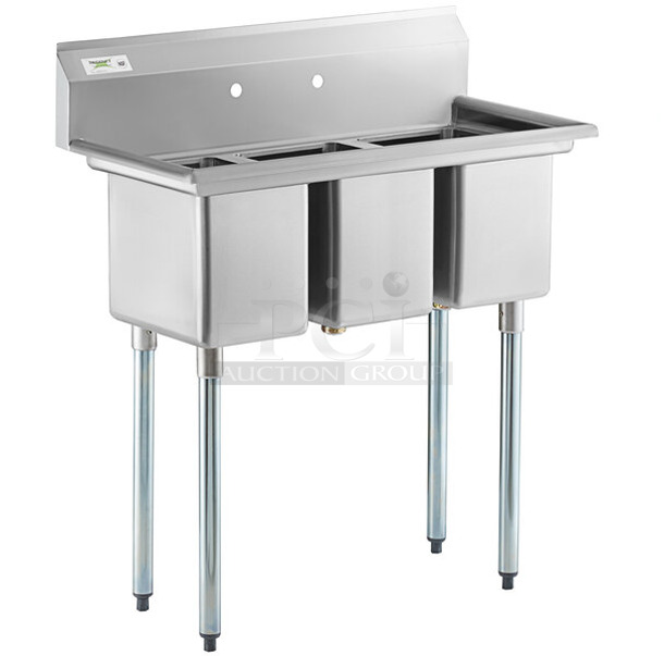BRAND NEW SCRATCH AND DENT! Regency 600S31014 39" 16-Gauge Stainless Steel Three Compartment Commercial Sink with Galvanized Steel Legs and without Drainboards - 10" x 14" x 12" Bowls. Missing 1 Leg.  - Image 1 of 9