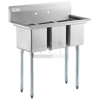 BRAND NEW SCRATCH AND DENT! Regency 600S31014 39" 16-Gauge Stainless Steel Three Compartment Commercial Sink with Galvanized Steel Legs and without Drainboards - 10" x 14" x 12" Bowls. Missing 1 Leg. 