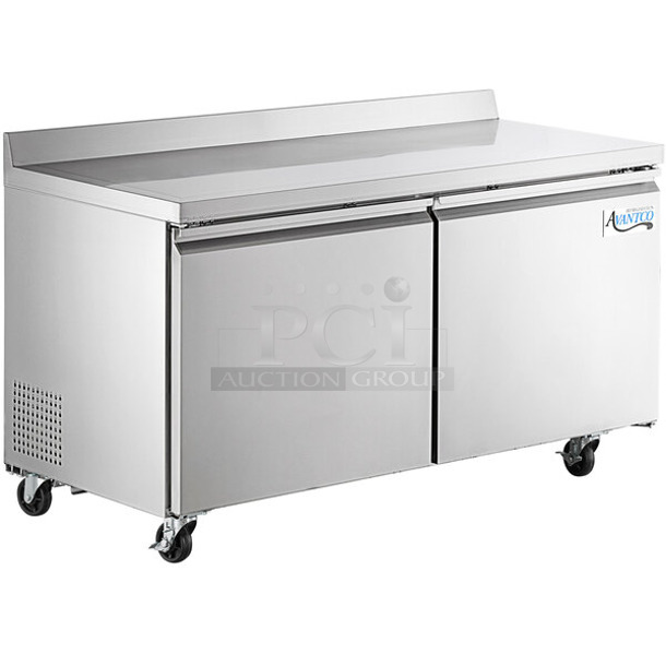 BRAND NEW SCRATCH AND DENT! 2023 Avantco 178SSWT60FHC Stainless Steel Commercial 2 Door Work Top Freezer on Commercial Casters. Right Door Does Not Stay Closed. 115 Volts, 1 Phase. - Item #1113079