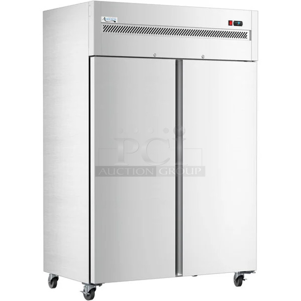 BRAND NEW SCRATCH AND DENT! 2023 Avantco  178Z2FHC Stainless Steel Commercial 2 Door Reach In Freezer w/ Poly Coated Racks. 115 Volts, 1 Phase. Tested and Powers On But Does Not Get Cold - Image 1 of 10