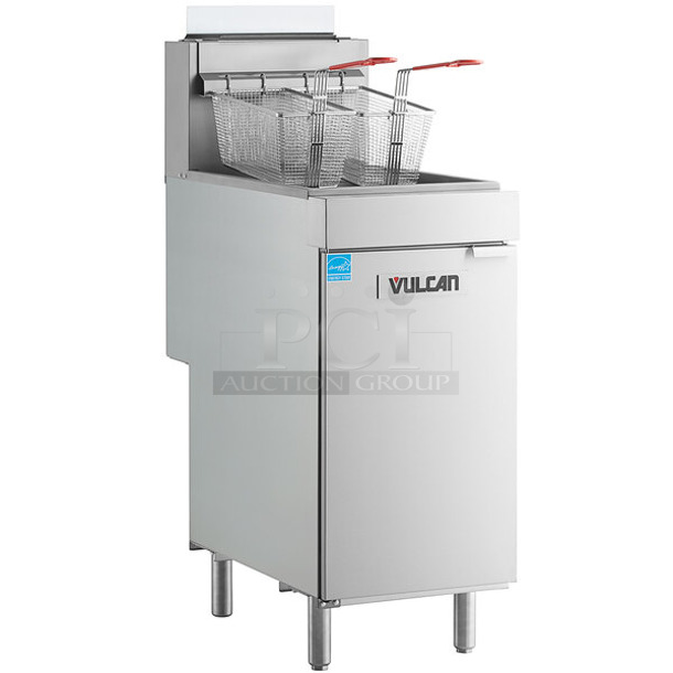 BRAND NEW SCRATCH AND DENT! Vulcan 1VEG50M-1 Stainless Steel Commercial Floor Style Natural Gas Powered Deep Fat Fryer. 85,000 BTU.  - Image 1 of 8