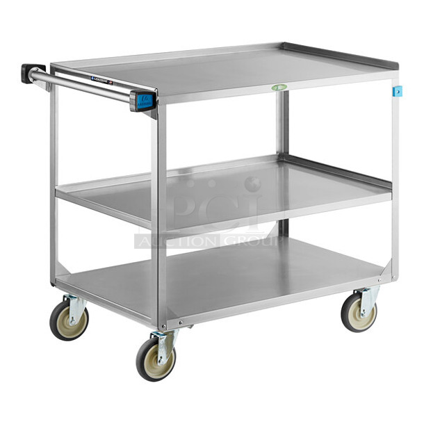 BRAND NEW SCRATCH AND DENT! Lakeside 22 3/8" x 39 1/4" x 33 1/2" Medium-Duty Stainless Steel 3-Shelf Utility Cart on Commercial Casters.  - Image 1 of 5
