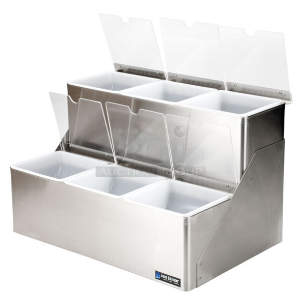 BRAND NEW SCRATCH AND DENT! San Jamar B6706INL EZ-Chill 6-Compartment Two Tier Stainless Steel Condiment Bar with Split Notched Lids - Image 1 of 3