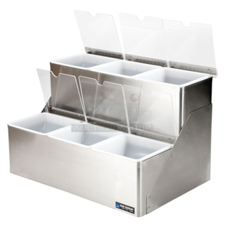 BRAND NEW SCRATCH AND DENT! San Jamar B6706INL EZ-Chill 6-Compartment Two Tier Stainless Steel Condiment Bar with Split Notched Lids