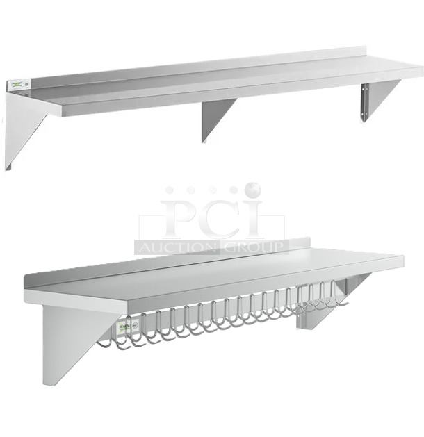 2 BRAND NEW SCRATCH AND DENT! Items; Regency 600WS1272 18 Gauge Stainless Steel 12" x 72" Solid Wall Shelf and Regency 600PS1560 15" x 60" Stainless Steel Wall Mounted Pot Rack with Shelf and 18 Galvanized Hooks. 2 Times Your Bid! May Be Missing Pieces.  - Image 1 of 4